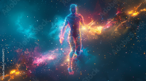 vibrant human body rising from a futuristic space background. photo