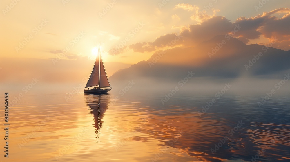 Fototapeta premium boat sailing on calm river in the fog