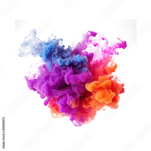 A vibrant burst of colored inks diffusing in water, creating an abstract cloud on a transparent background. Generative AI