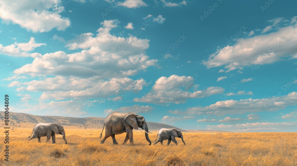 A family of elephants walking across the African savannah A family of elephants walking across the African savannah