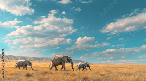 A family of elephants walking across the African savannah