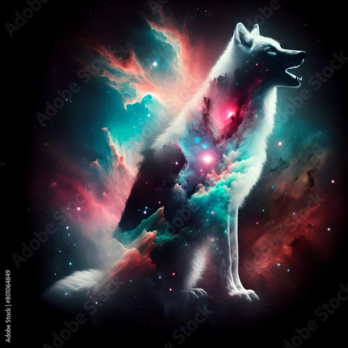 Wolf silhouette over colourful nebulas and starry night sky. Concept of a totem animal, powerful Universe, ancient believes and mythology. Amazing digital illustration. CG Artwork Background