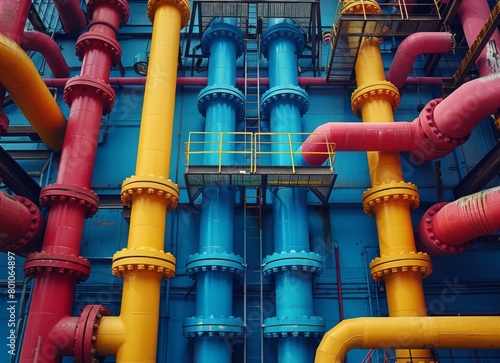 A colorful pipe system with blue, yellow, and red pipes