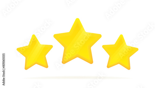 Three star in 3d style with glowing effect. Customer reviews rating about the product. Concept of feedback from the client to seller. Vector illustration