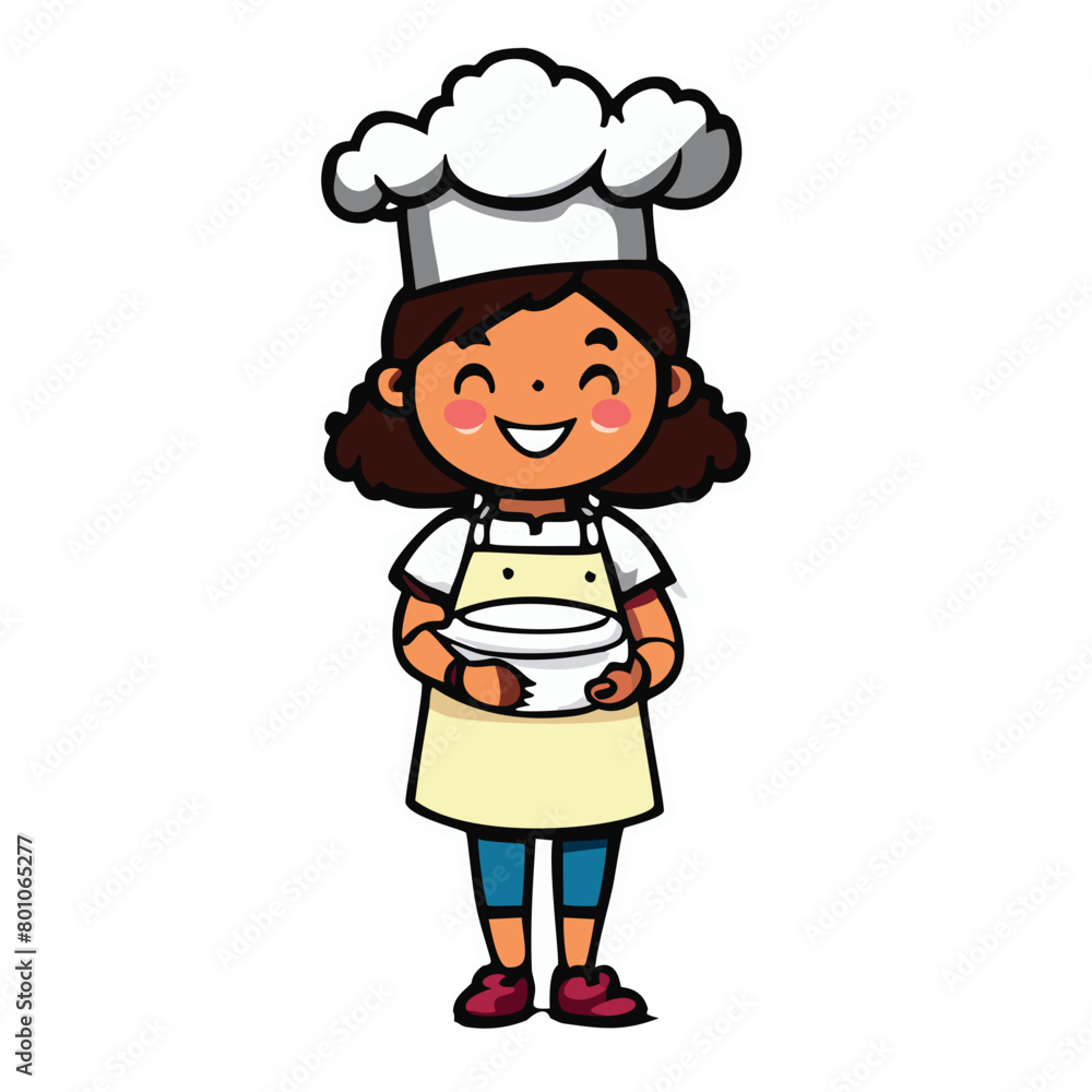 illustration of a female chef character wearing a white hat and apron carrying a container of food that will be provided illustration of a female chef character wearing a white hat and apron carrying a container of food that will be provided