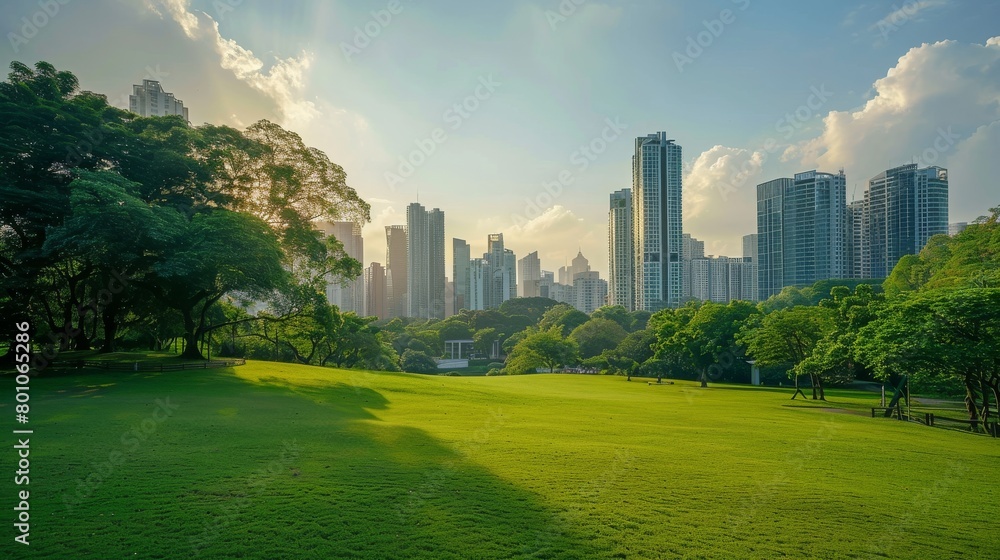 A park with a large grassy field and a view of the city skyline in the background.