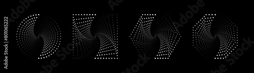 Set of halftone dotted speed lines in circle, square, hexagon and octagon form. Abstract geometric shapes with rotating radial lines. Design element for logo, prints, template or posters.
