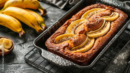 Bake banana cake on black background. Generative AI