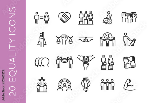 Equality icons. Set of 20 Equality trendy minimal icons representing diverse social issues, including gender equality, accessibility, unity. Design signs for web page, mobile app. Vector illustration photo