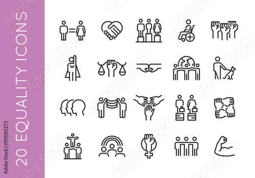 Equality icons. Set of 20 Equality trendy minimal icons representing diverse social issues, including gender equality, accessibility, unity. Design signs for web page, mobile app. Vector illustration