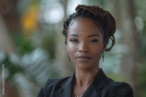 African Businesswoman Stands Confidently in Front of Trees