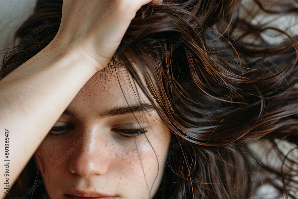 Obraz premium Close up image of woman touch hair head created with generative ai concept