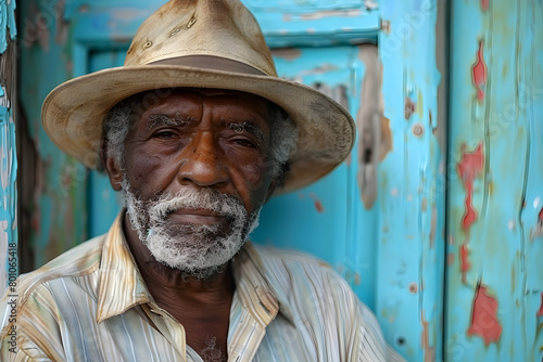 Afro-Caribbean Man in Hat by Blue Door in Jamaica