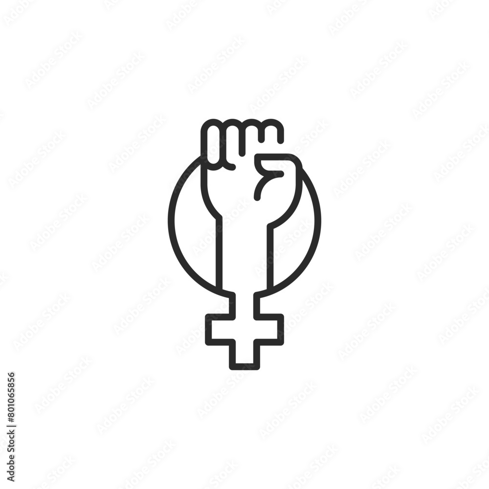 Description: Feminism icon. Simple female empowerment icon representing women's rights, gender equality, and social justice. The raised fist signifies the fight for equality. Vector illustration Description: Feminism icon. Simple female empowerment icon representing women's rights, gender equality, and social justice. The raised fist signifies the fight for equality. Vector illustration