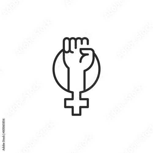 Description: Feminism icon. Simple female empowerment icon representing women's rights, gender equality, and social justice. The raised fist signifies the fight for equality. Vector illustration