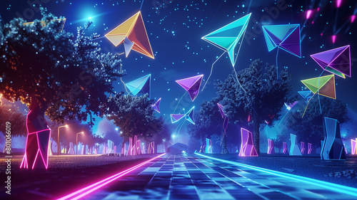 Digital kites flying in a neon sky above a low poly park, representing the freedom and joy of uninhibited communication photo