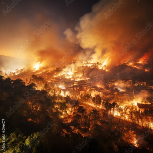 engulfed forest fires come close to the city and houses, environmental problems and disaster. 