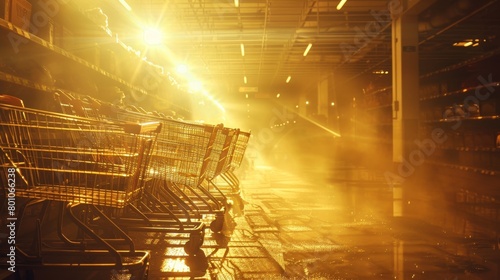 A row of shopping carts stands in a golden aisle of light creating a mesmerizing and almost ethereal atmosphere 