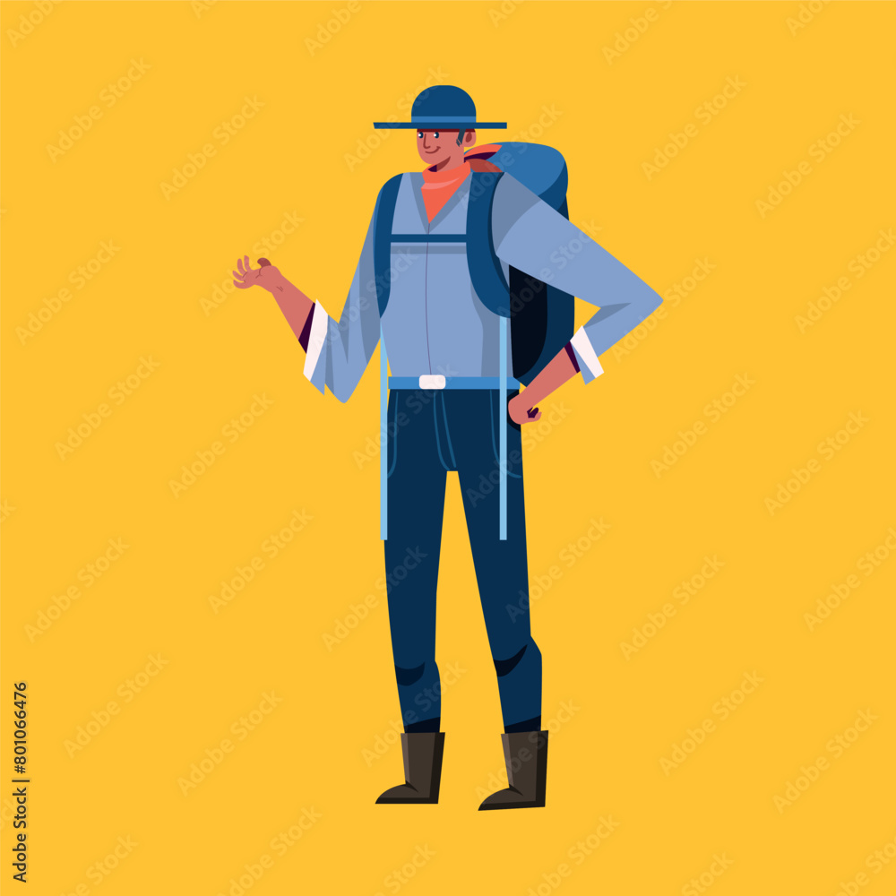 Person hiking with backpack on yellow background. 
Cartoon character climbing illustration.