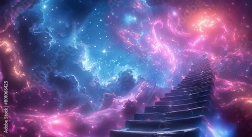 a long staircase with a starry nabula background footage photo
