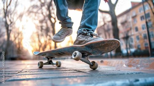 Skateboarder performing an ollie trick on an urban sidewalk with a focus on the skateboard and shoes 