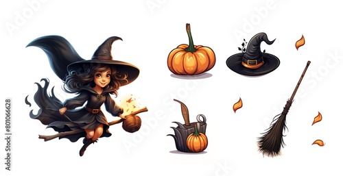 Witch set, broom, hat, pumpkin, cartoon, white background. Halloween accessories and pumpkins.