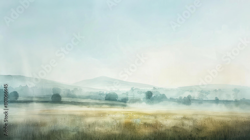 Watercolor painting depicting the beauty of a misty morning in the fields and hills covered with dew in the distance © boxstock production