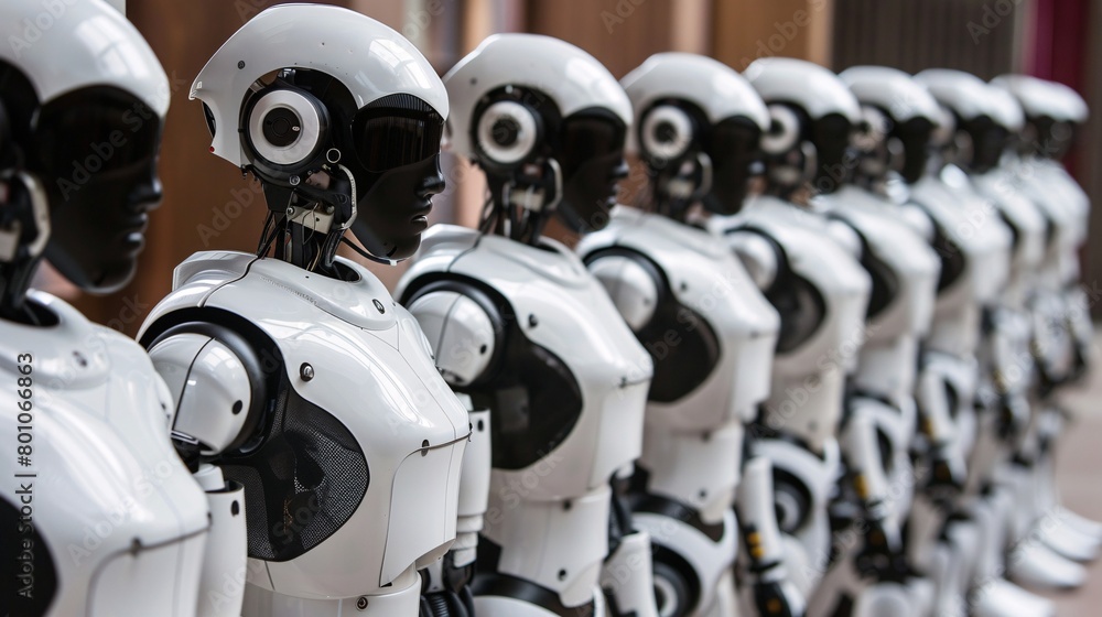 Fototapeta premium Group of AI robots, army, production line, factory