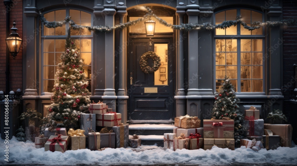 Pile of Christmas gifts outdoors under the snow at the door of the house. Pile of Christmas gifts outdoors under the snow at the door of the house.