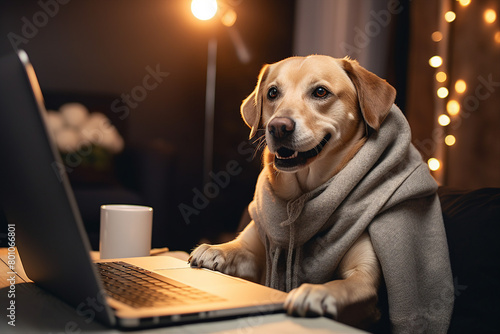 AI generated picture of best human friend animal looking laptop screen © Tetiana