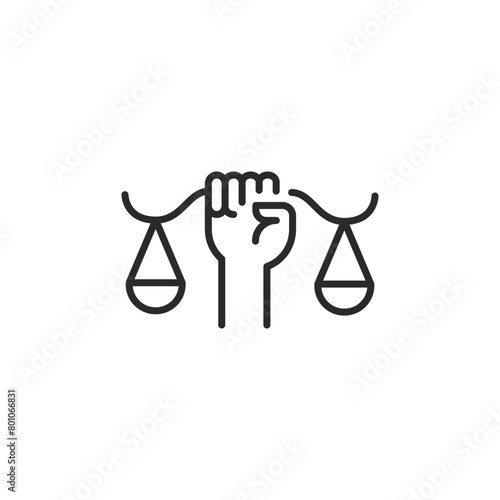 Justice Equality Scales icon. Simple icon depicting balanced scales held by a fist, representing the fight for equality and justice. Ideal for legal services, advocacy groups. Vector illustration
