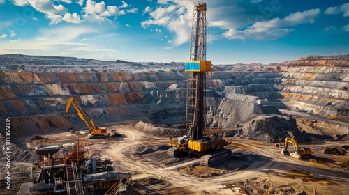 A towering drill rig dominates the industrial landscape surrounded by an array of machinery engaged in a vast openpit mining operation 