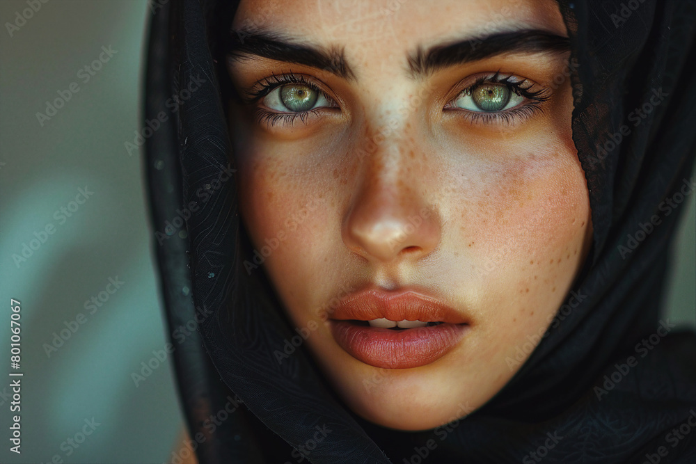 Generative AI illustration of charming abaric woman in hijab headscarf, religious woman in modern world Generative AI illustration of charming abaric woman in hijab headscarf, religious woman in modern world