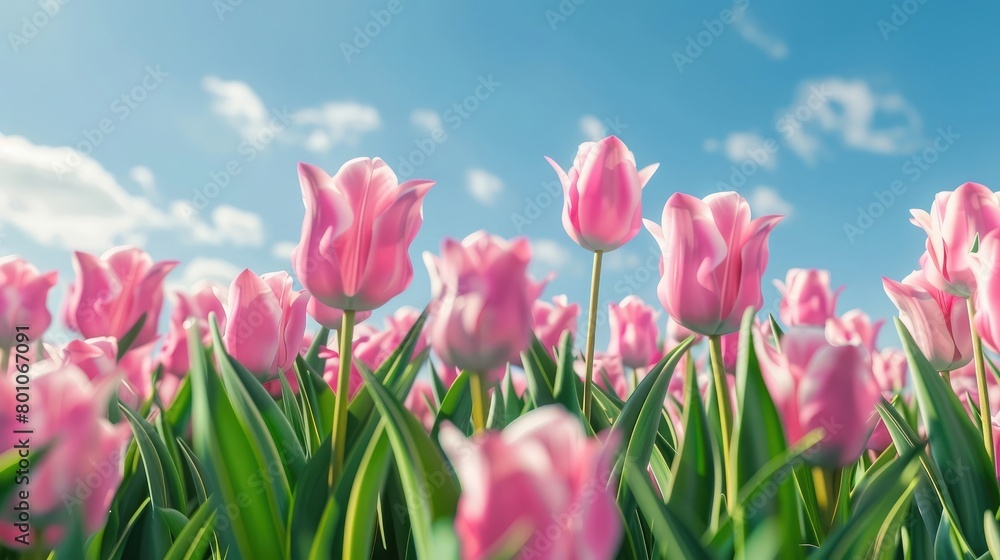 macro shot of a field of velvet pink tulips in Holland against the blue sky