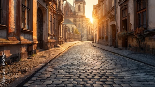 Empty cobblestone street bathed in soft light leading to an ornate historic cathedral at sunset