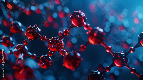 On a backdrop of midnight blue, luminous ruby red molecular formations are scattered, creating a stark contrast. 