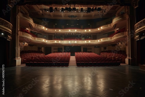 A large theater with red seats and a stage