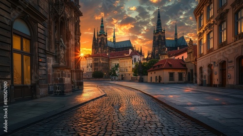 Empty cobblestone street bathed in soft light leading to an ornate historic cathedral at sunset © MOUISITON