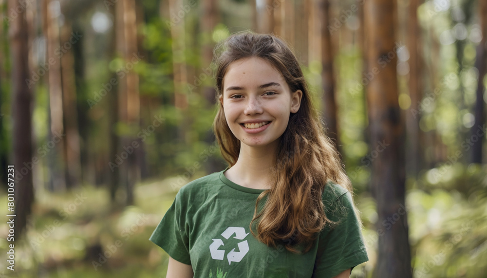 young environmental wearing a green recycle t-shirt, AI Generative. young environmental wearing a green recycle t-shirt, AI Generative.