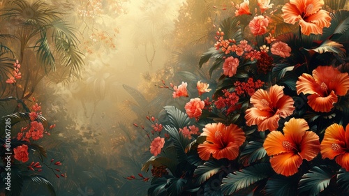 A painting of a lush jungle with a large group of orange flowers © tope007