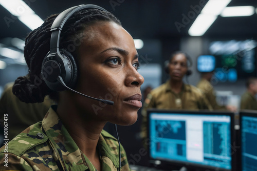 Serious African American female military surveillance officer in headset working in the central army office for cyber operations, Army office hub photo