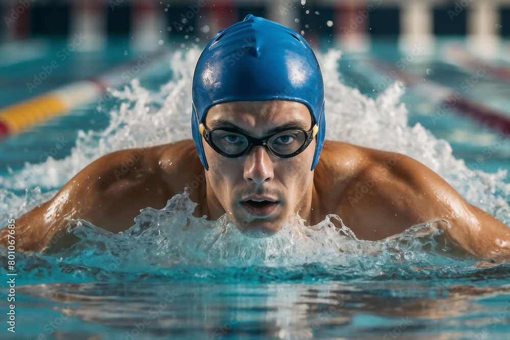 Successful male swimmer swimming in the pool. Portrait of a male professional swimmer using the Butterfly style