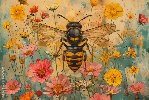 Watercolour style of bee and flowers, background