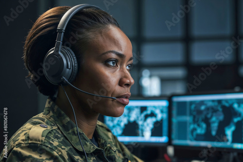 Serious African female military surveillance officer in headset working in the central army office for cyber operations, control for national security photo