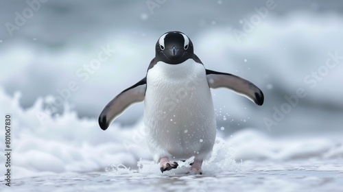 A penguin waddling across a snow photo