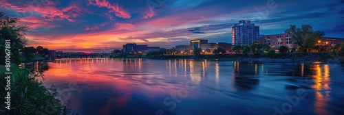 Sunset over the River in Downtown Beautiful Blue Landscape of the City's