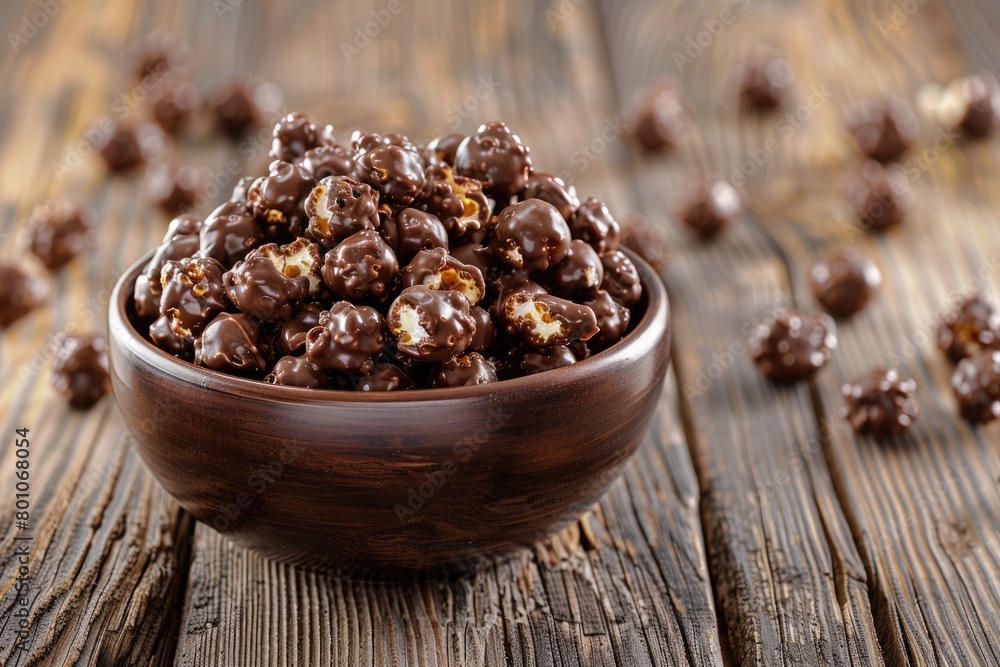Obraz premium Delicious Chocolate Popcorn in Bowl on Wooden Table - Tasty Snack with Closeup of Brown Popcorn