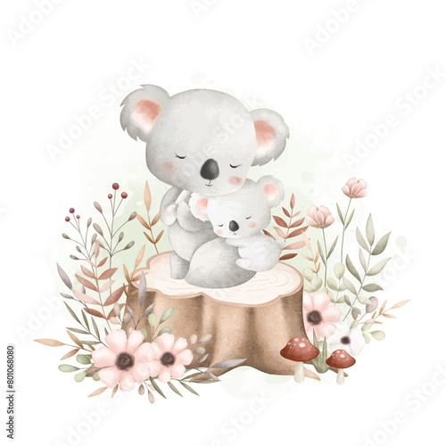 Watercolor Illustration Cute Mom and Baby Koala Sit on Log with Flowers and Leaves © Stella