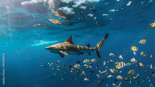  In the depths of the Red Sea off the coast of Egypt  an oceanic whitetip shark glides gracefully  accompanied by pilot fish