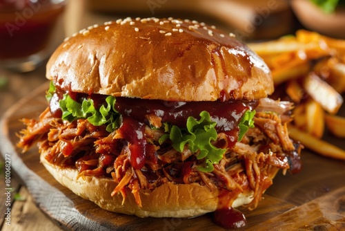 Delicious Barbeque Pulled Pork Sandwich with Shredded Meat and Bar-B-Q Sauce on Bun Bread.